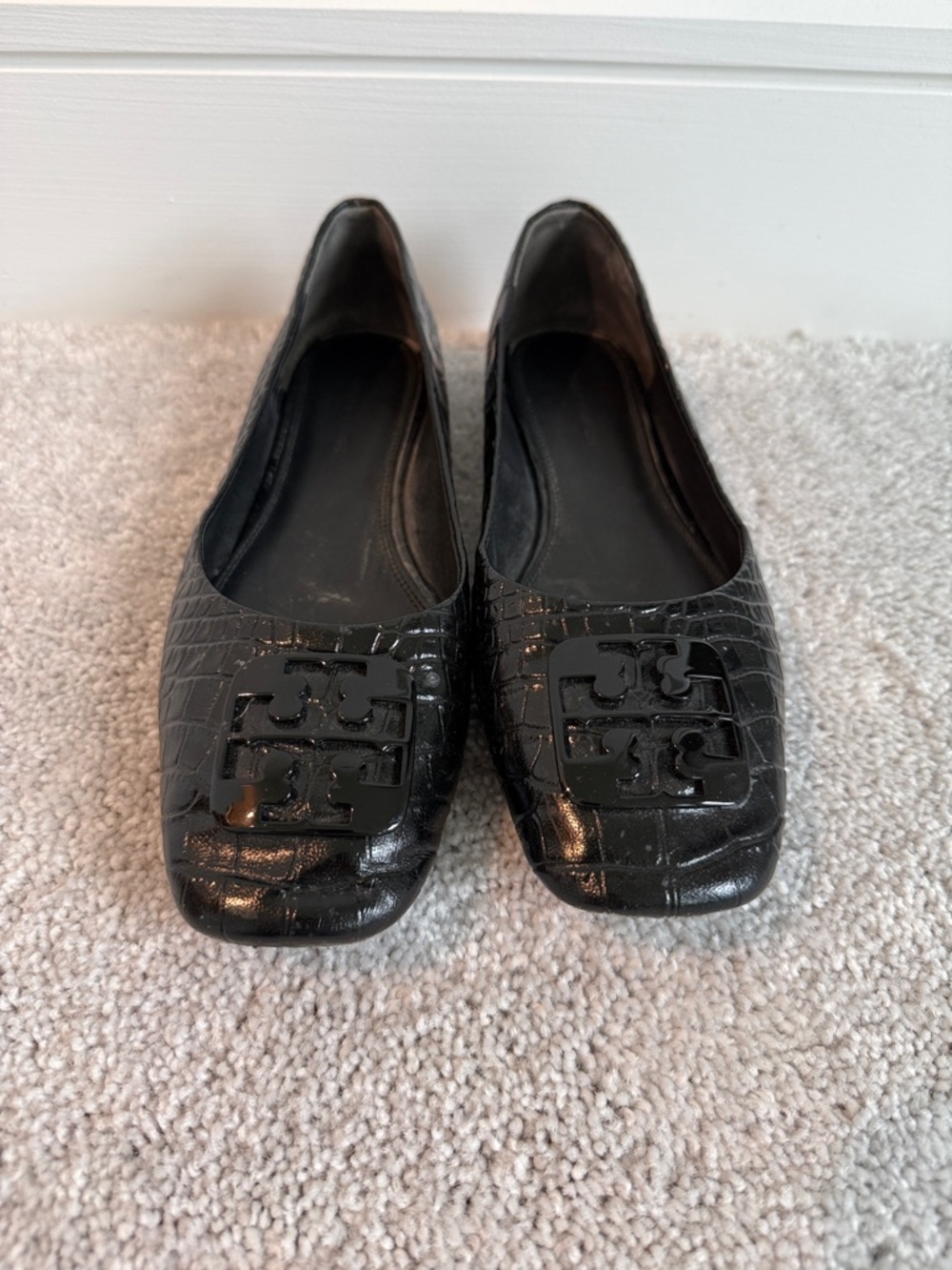 Black Tory Burch Croc-Embossed Ballet Flats with Logo Accent